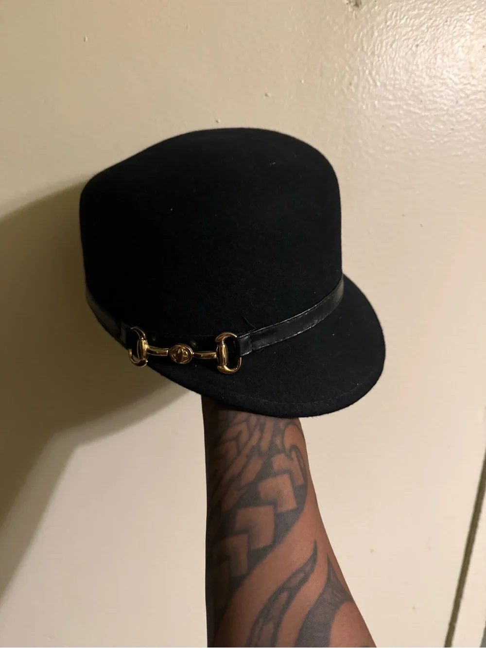 Black Wool Cap with Leather Band - womens Hat